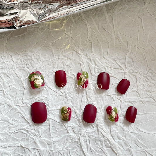 Matte Burgundy Nails With Gold Short