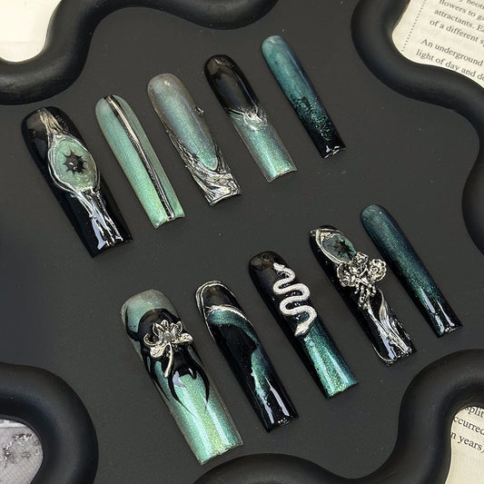 3D Snake Witch Coffin Mint Ombre Nails