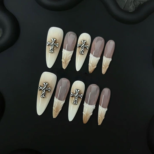 Beige French Cross Stiletto Ombre Nägel