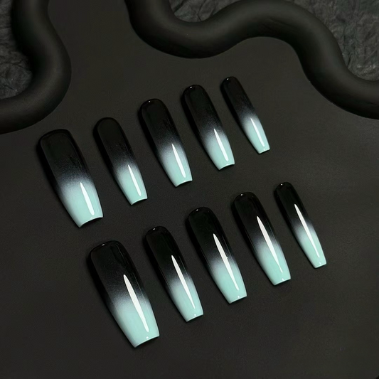 Mint And Black Long Coffin Ombre Nails