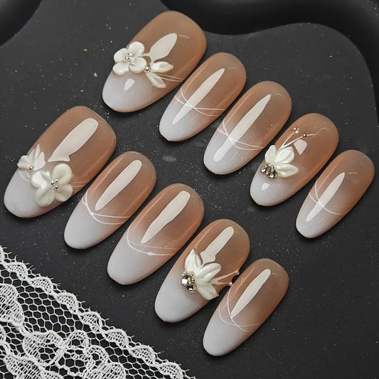 3D Flower Oval Nude Ombre Nails