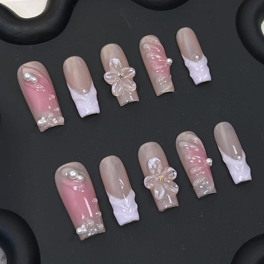 Jelly Flower Pearl Coffin Pink Ombre Nails