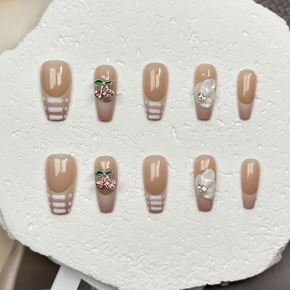 French 3D Cherry Coffin Beige Ombre Nails