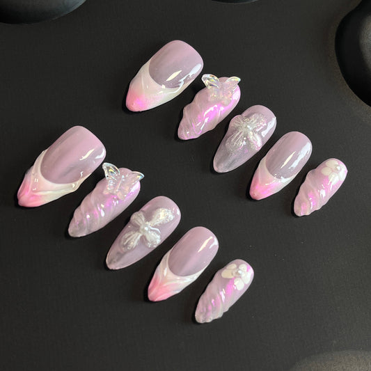 Iridescent French Almond Pink Ombre Nails