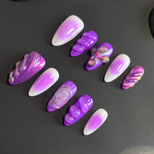 3D Glitter Almond Purple Ombre Nails