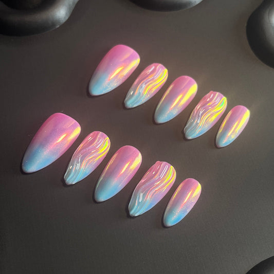 Mermaid 3D Swirl Almond Ombre Nails