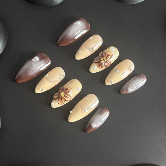 Mocha 3D Flower Almond Ombre Nails