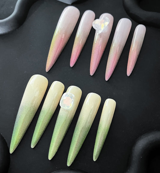 Green And Pink Glitter Stiletto Ombre Nails