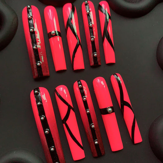 Sexy Line Coffin Red Ombre Nails