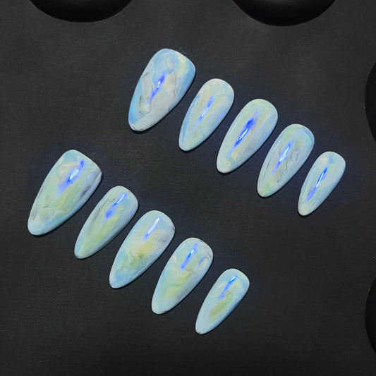 Light Blue Opal Almond Ombre Nails