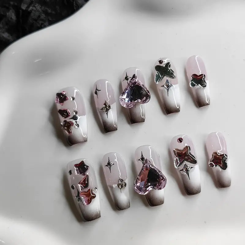 Heart Rhinestone French Coffine White Ombre Nails